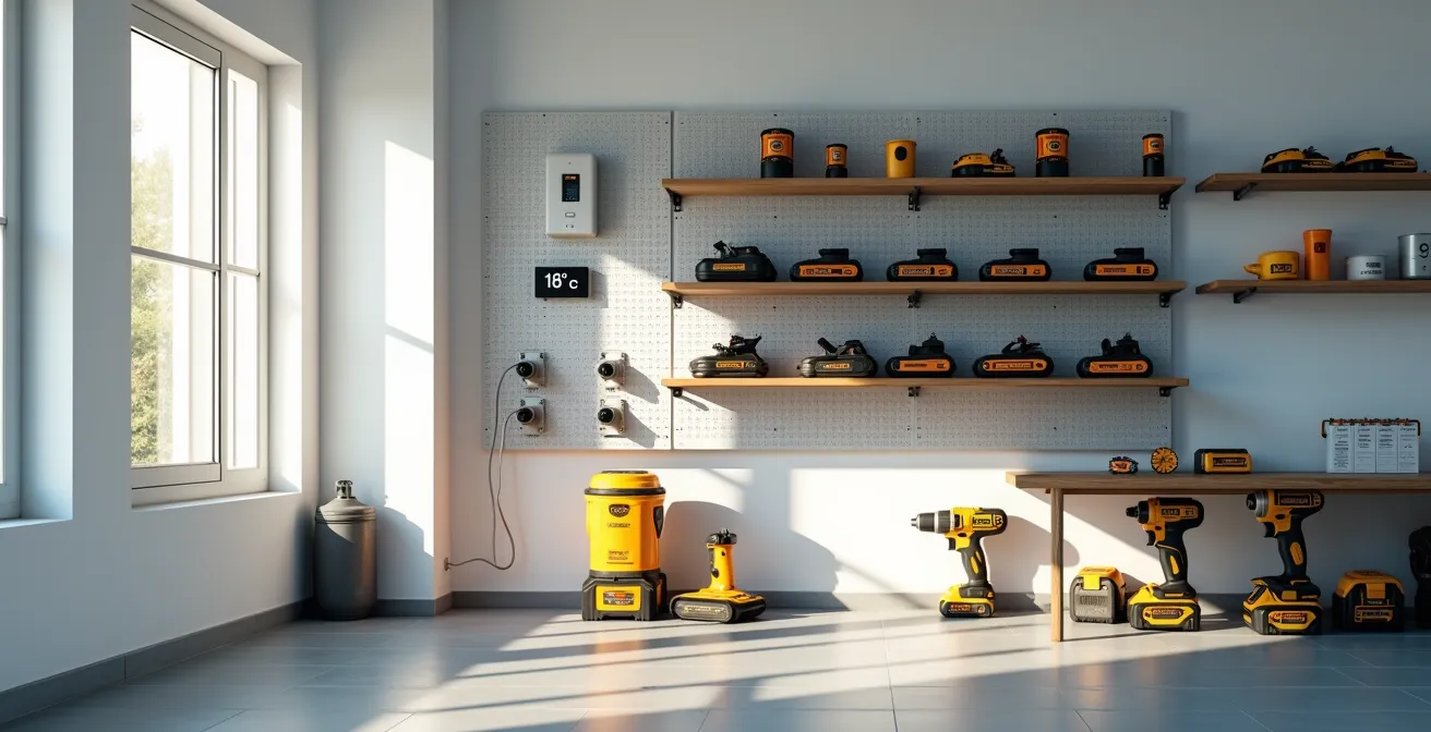Estante de taller con baterías de herramientas correctamente almacenadas en ambiente fresco