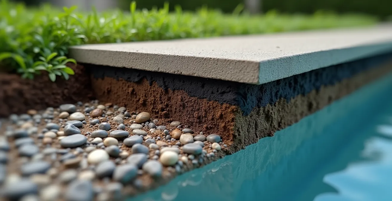 Vista lateral de instalación de barrera antiraíces junto a piscina con geotextil