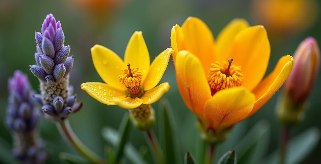 Vista macro de diferentes flores nativas españolas en distintos estados de floración