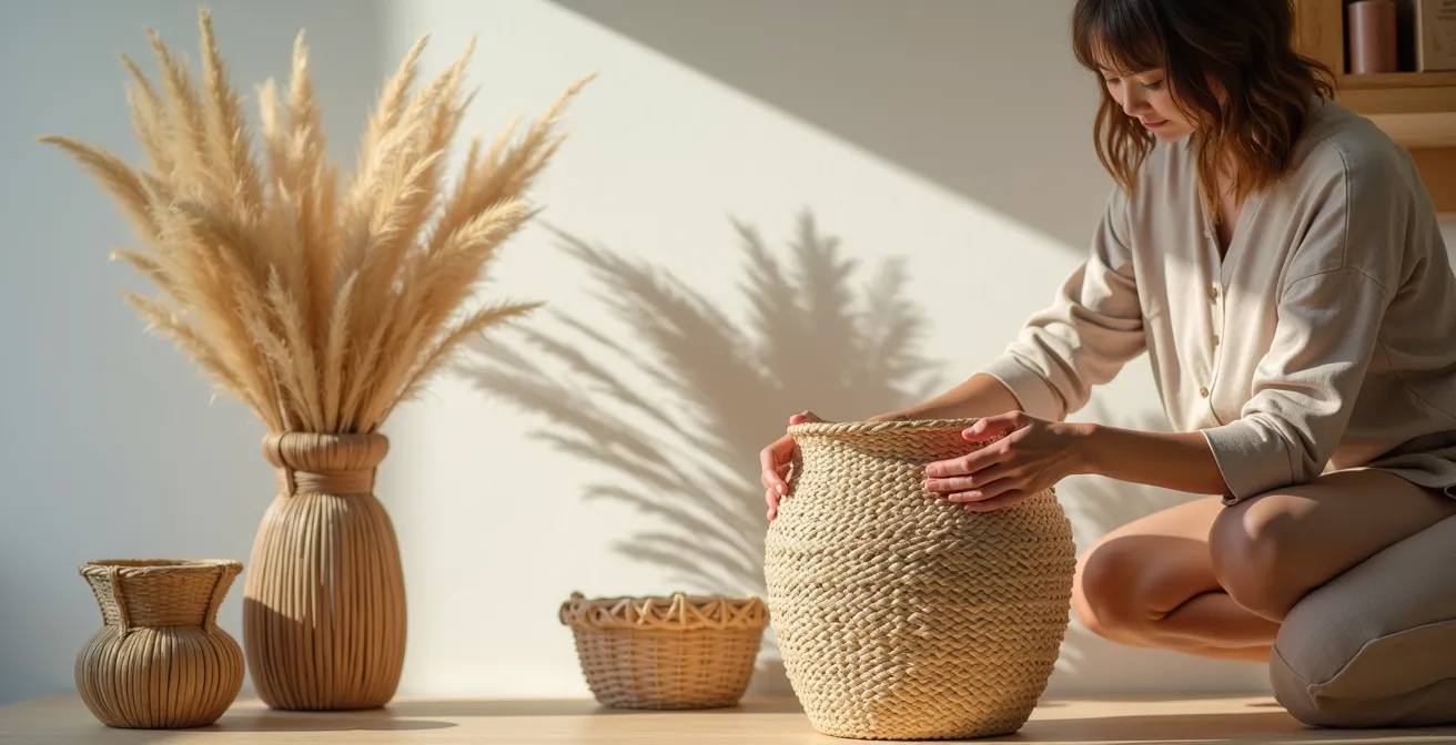 Rincón acogedor con cestas de esparto murcianas y lámpara de mimbre valenciana