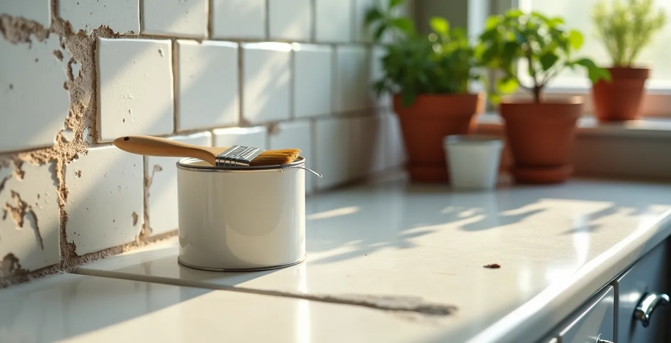 Cocina actualizada con pintura para azulejos y nueva iluminación LED