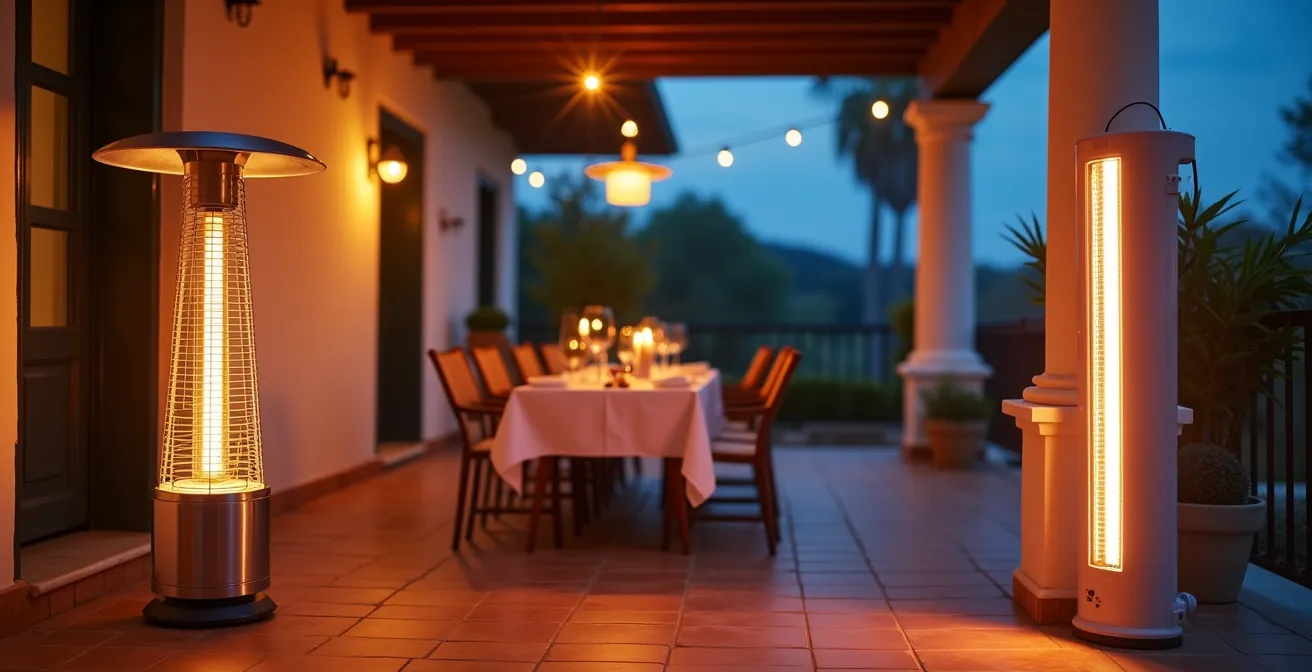 Estufa de gas tipo seta y calentador infrarrojo eléctrico en un porche cerrado con cristal
