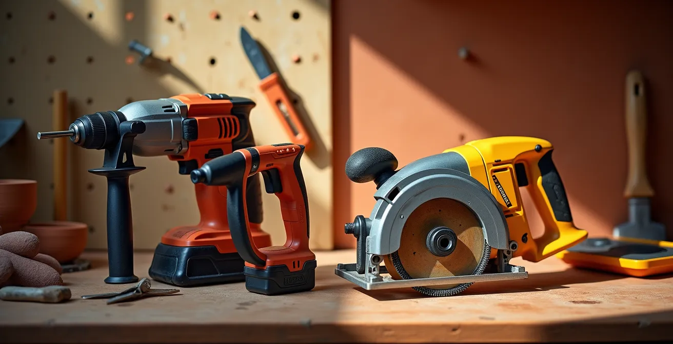 Espacio de taller mostrando contraste entre herramientas profesionales de alquiler y opciones económicas de compra