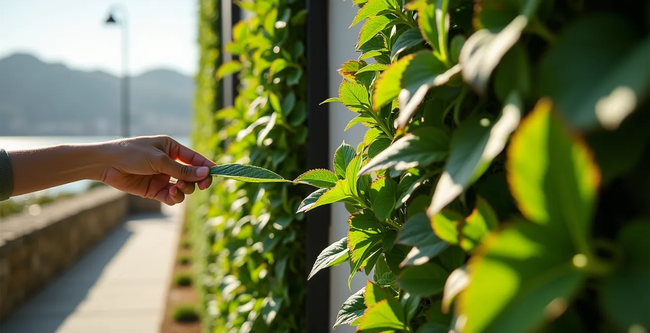 Comparación visual entre un panel de jardín vertical degradado por el sol con tonos azules y un panel de alta calidad con verdes vibrantes