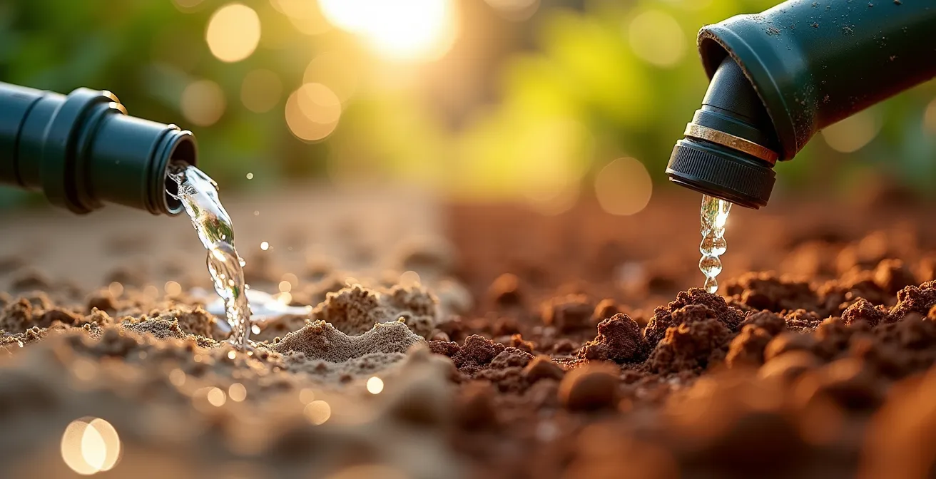 Vista macro de manguera exudante y gotero autocompensante en funcionamiento sobre sustrato de jardín