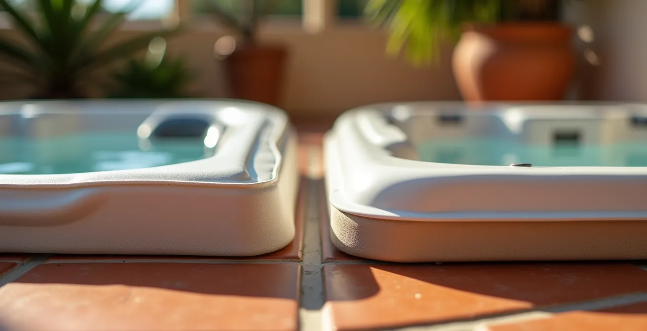 Comparación visual entre spa hinchable y acrílico en terraza española