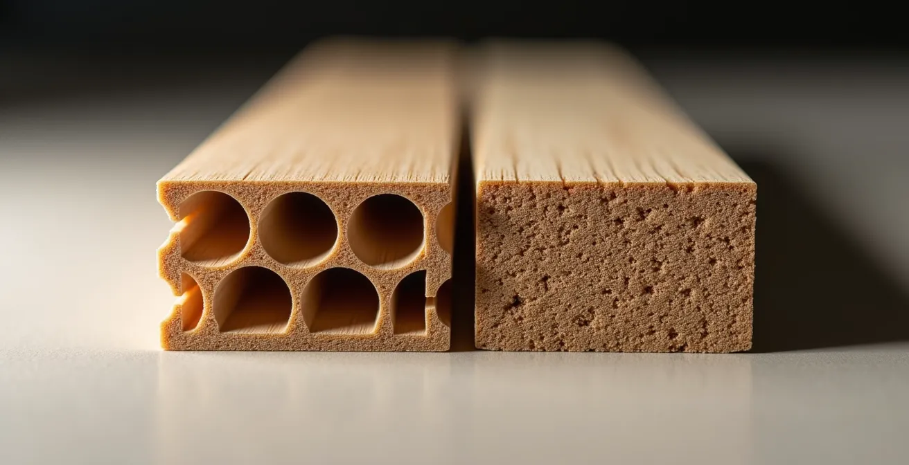 Sección transversal macro de tarimas composite alveolar y maciza mostrando diferencias estructurales