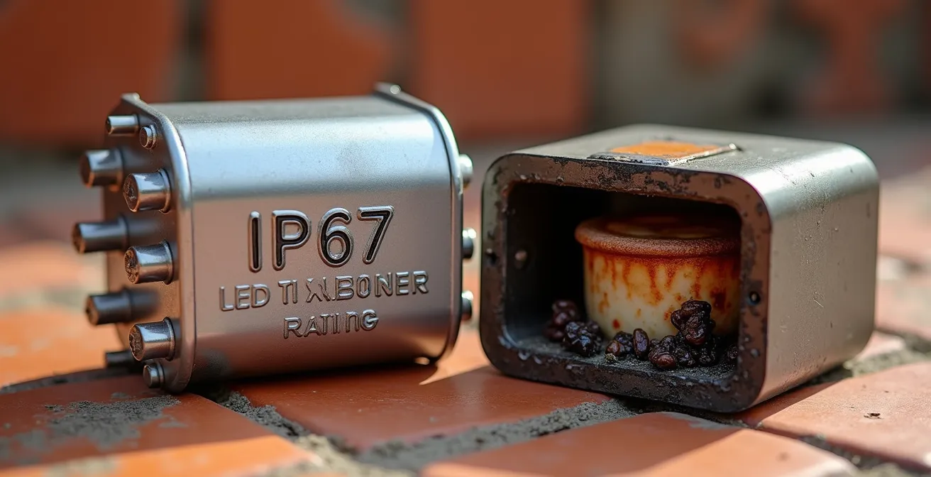 Vista macro de dos transformadores LED mostrando diferencias de disipación térmica