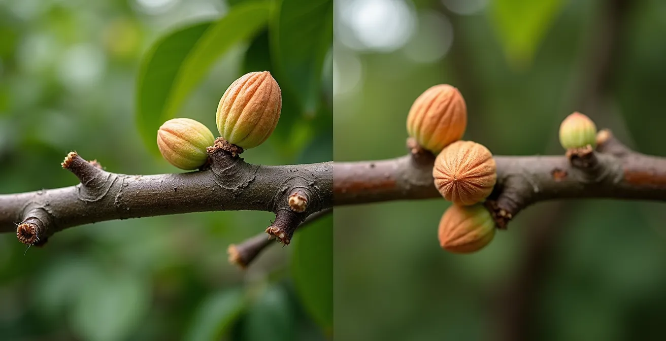 Detalle macro de ramas de frutal mostrando diferencias entre chupones verticales y ramas con yemas de flor