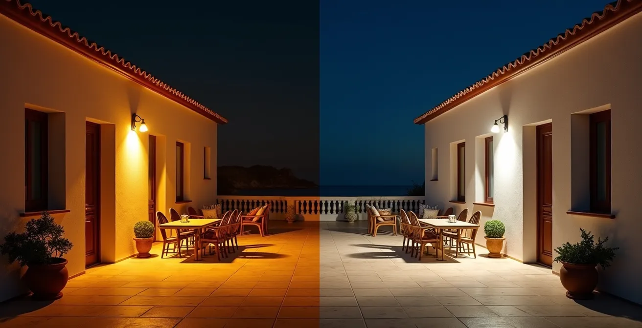 Comparación de dos terrazas iluminadas con 2700K vs 4000K mostrando diferente presencia de insectos