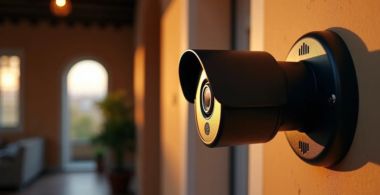 Vista lateral de cámara de seguridad domótica en interior español con configuración de privacidad