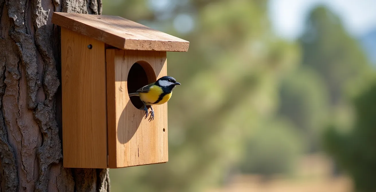 Caja nido de madera en pino mediterráneo con carbonero común posado