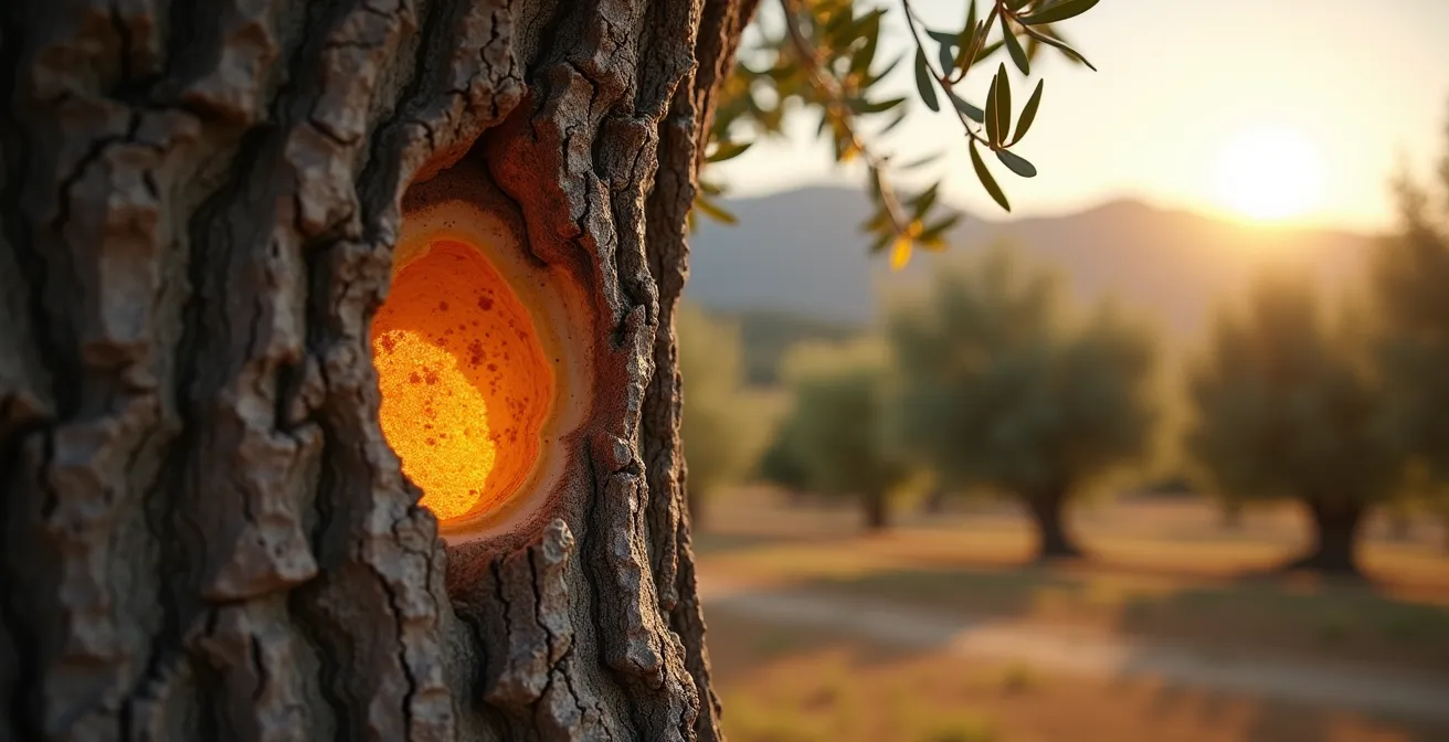 Vista lateral de un corte profesional en rama de 7 cm mostrando el ángulo correcto y el collar de cicatrización natural