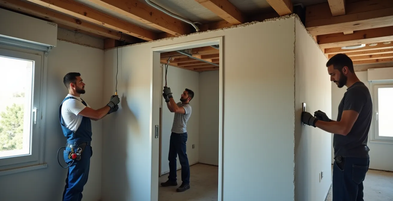 Profesionales de diferentes gremios trabajando coordinadamente en una obra