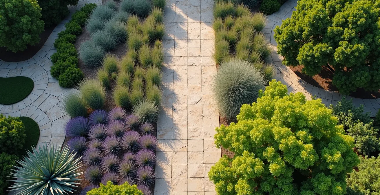 Vista aérea de jardín mediterráneo mostrando tres zonas de riego diferenciadas por colores