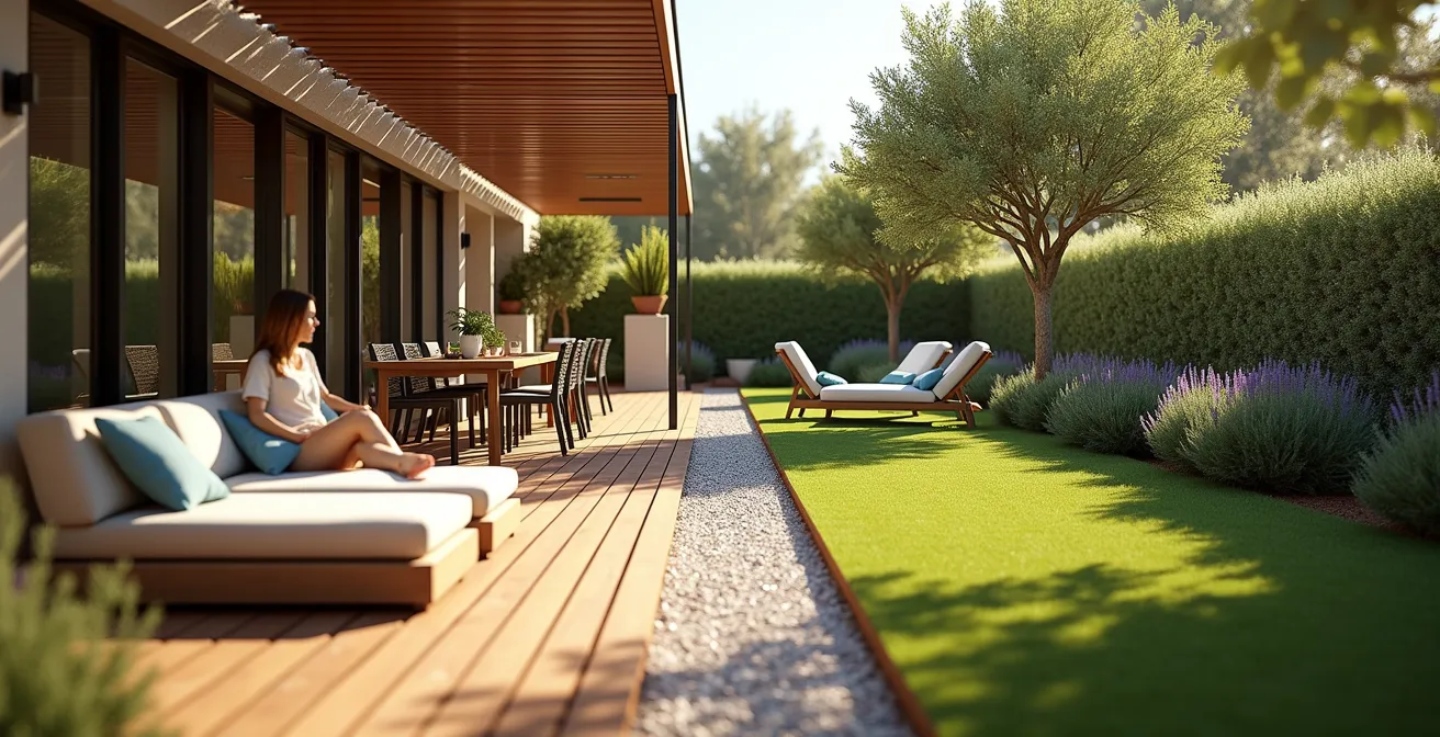 Jardín pequeño dividido en tres zonas funcionales con transiciones permeables