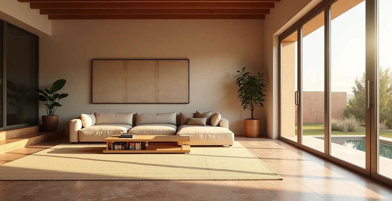 Espacio diáfano con diferentes zonas delimitadas por cambios de pavimento y muebles separadores