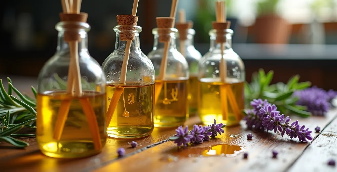 Proceso de elaboración de difusor mikado con ingredientes españoles sobre mesa de madera