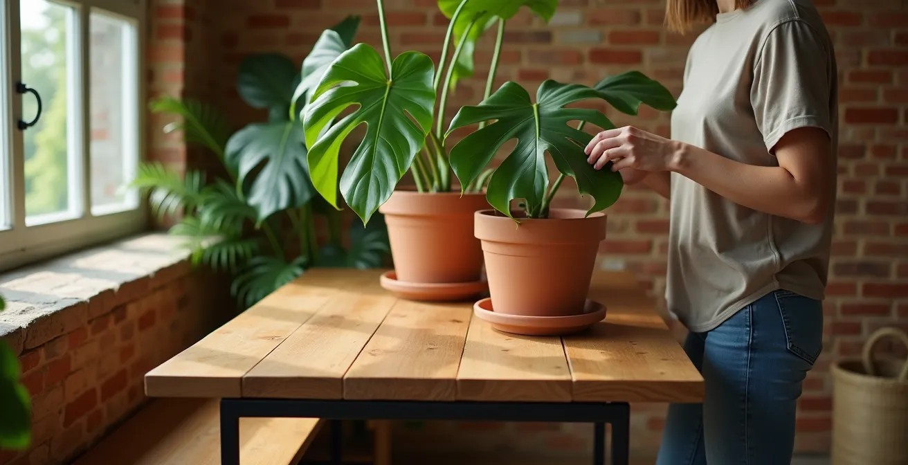 Espacio industrial equilibrado con muebles de madera de roble y metal negro, plantas de interior y textiles naturales