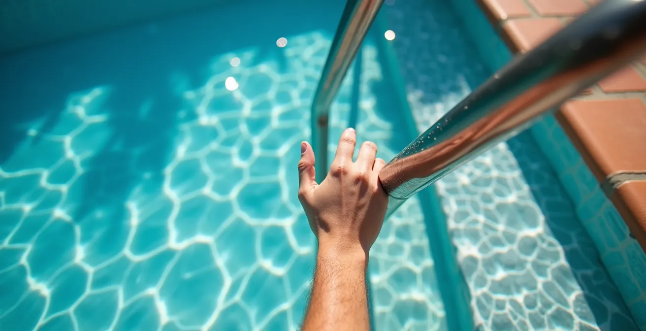 Escalera de acero inoxidable en piscina con sistema de protección catódica instalado
