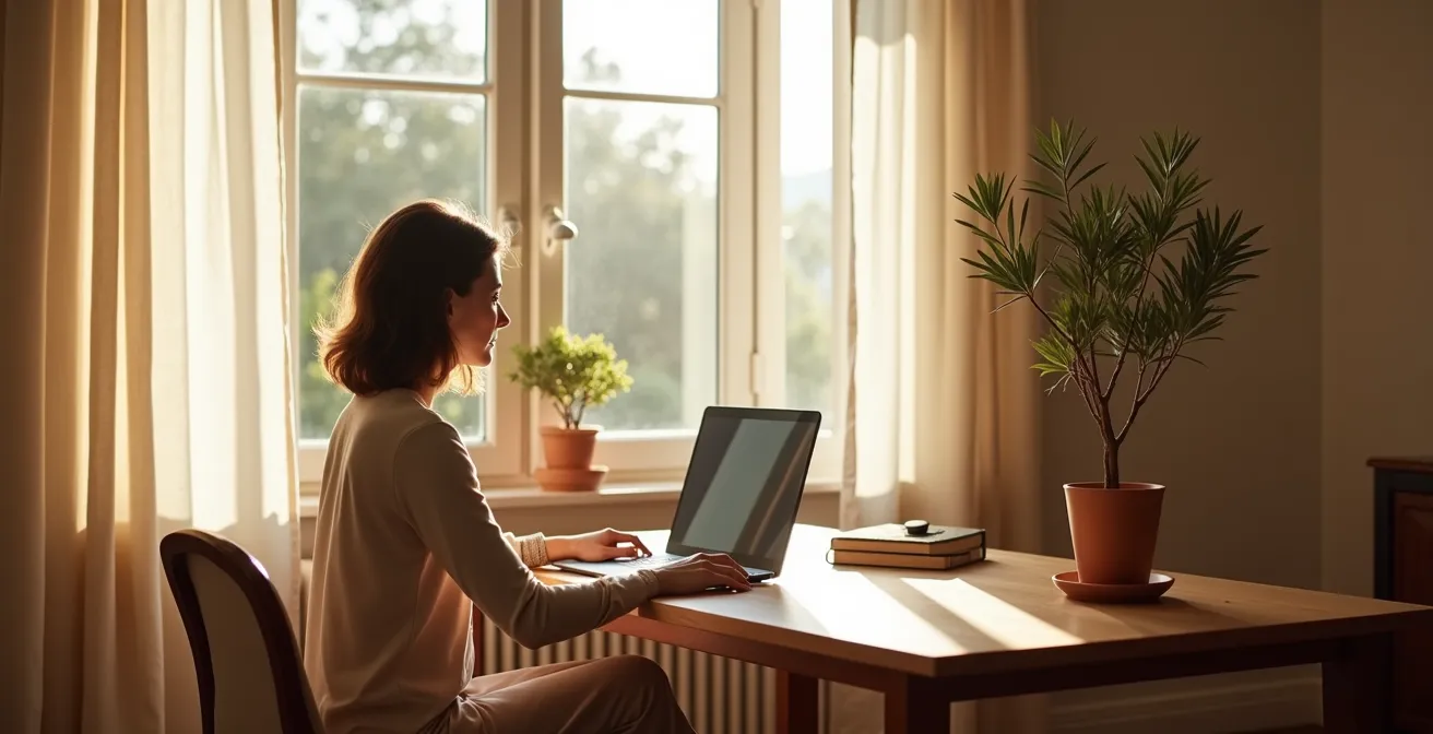 Escritorio posicionado estratégicamente con vista a ventana y espalda protegida por pared