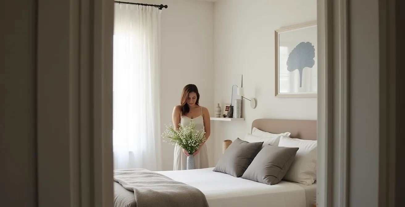 Dormitorio principal despersonalizado con decoración minimalista y colores neutros