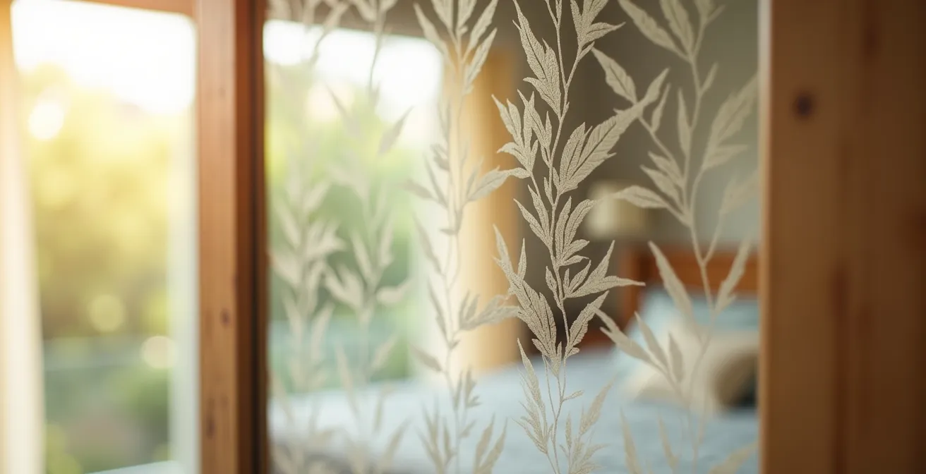 Armario con espejo cubierto parcialmente con vinilo decorativo translúcido