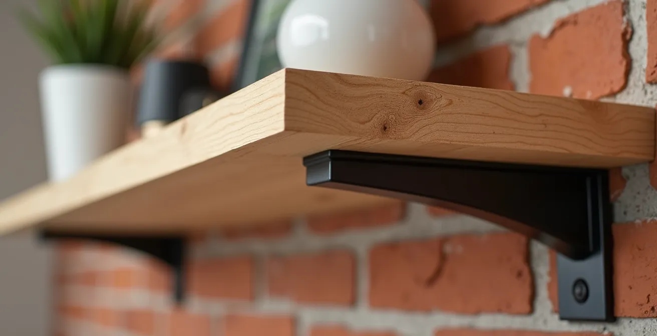 Detalle de montaje de estante flotante con herrajes ocultos en pared de ladrillo típica española