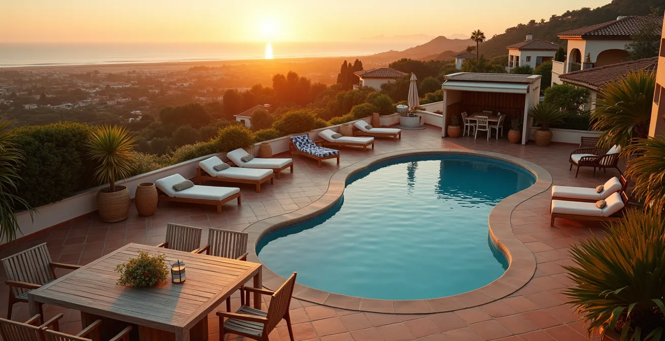 Fotografía aérea profesional de ático con terraza mediterránea al atardecer