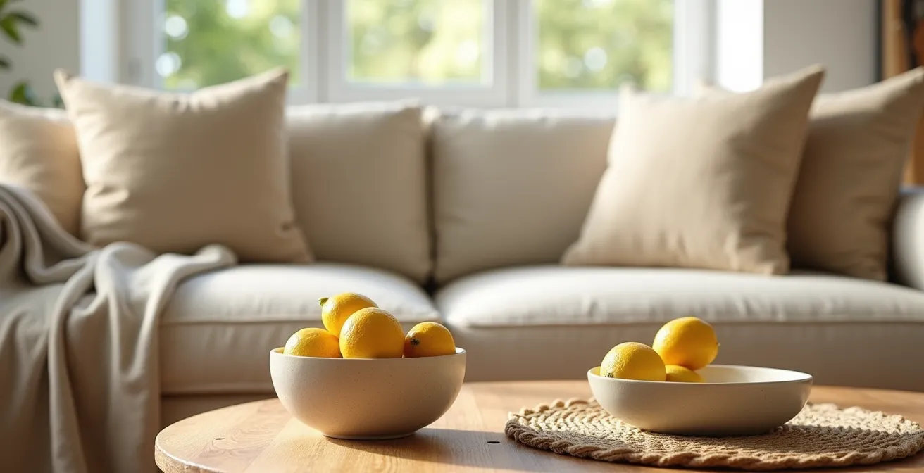 Salón luminoso con decoración neutra estilo mediterráneo y detalles naturales de madera y lino