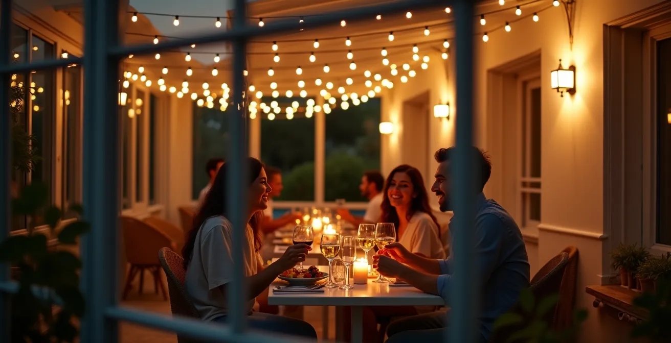 Sistema de iluminación ambiental con múltiples puntos de luz en porche acristalado al atardecer