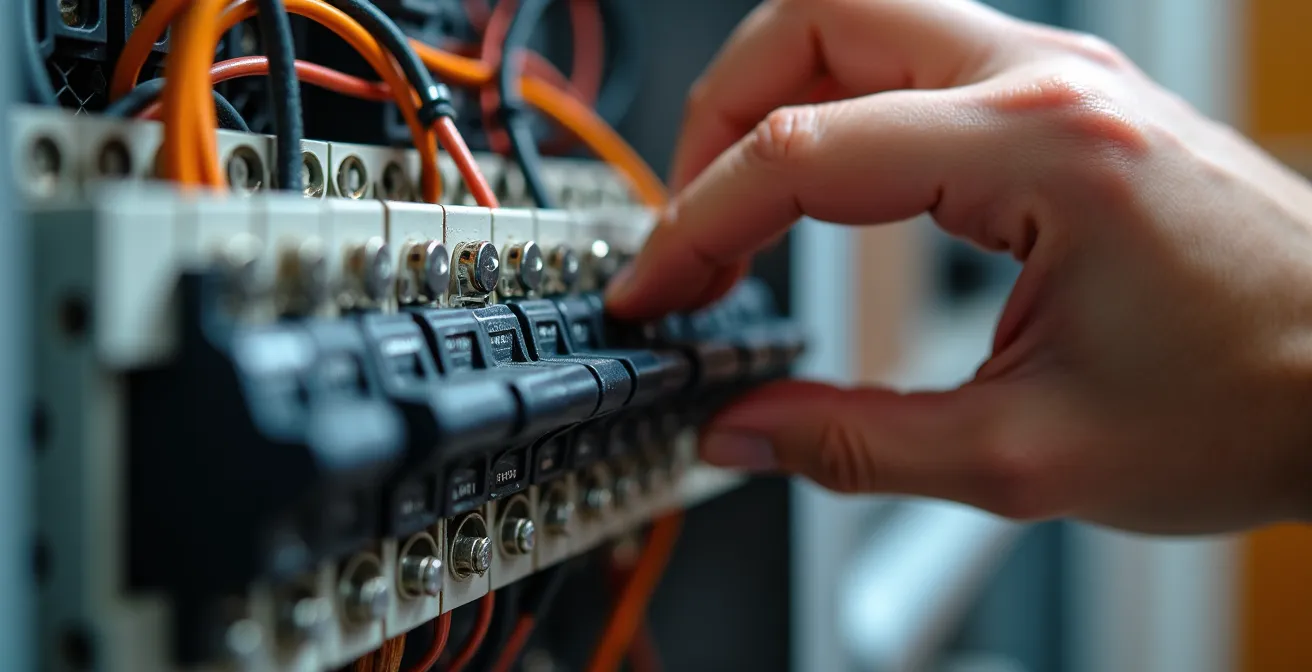 Electricista profesional instalando un cuadro eléctrico moderno con diferenciales