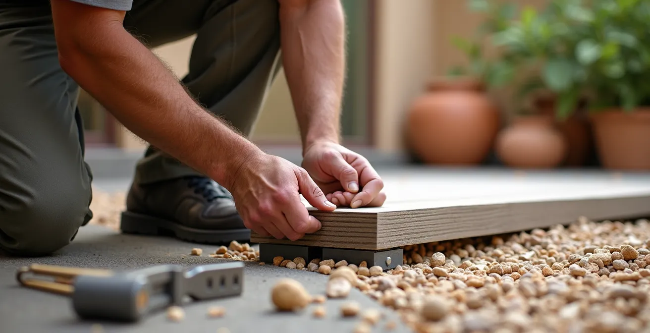 Vista en ángulo bajo de sistema de plots regulables instalados sobre grava con rastreles de aluminio