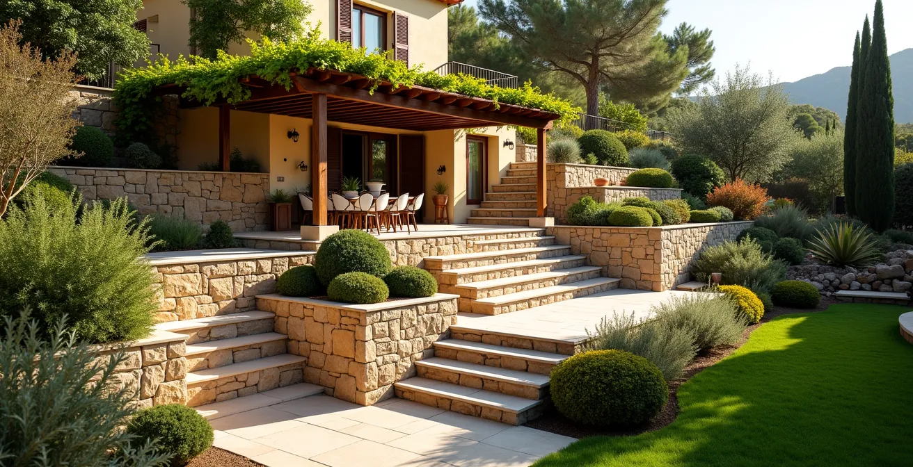 Jardín aterrazado con tres niveles aprovechando desnivel natural con muros de contención de piedra