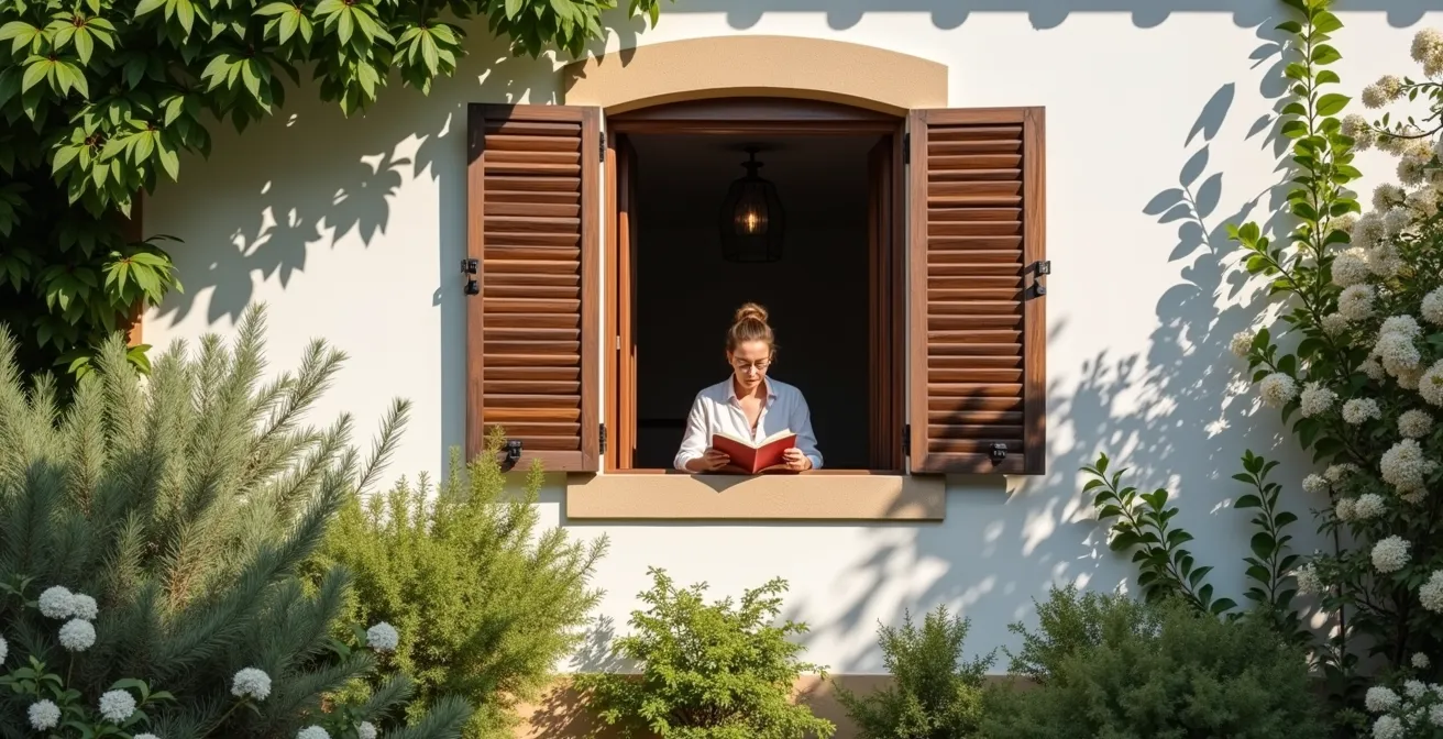 Seto de plantas mediterráneas hipoalergénicas junto a una ventana de casa española