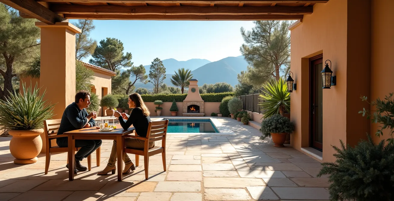 Jardín mediterráneo con pérgola bioclimática y chimenea exterior encendida en día soleado de invierno