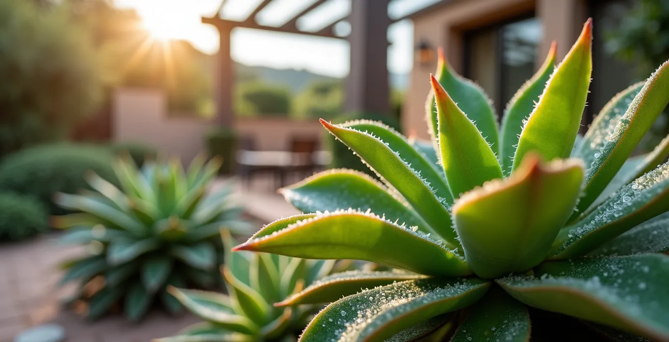 Jardín mediterráneo sostenible con plantas autóctonas y sistema de riego eficiente en chalet español