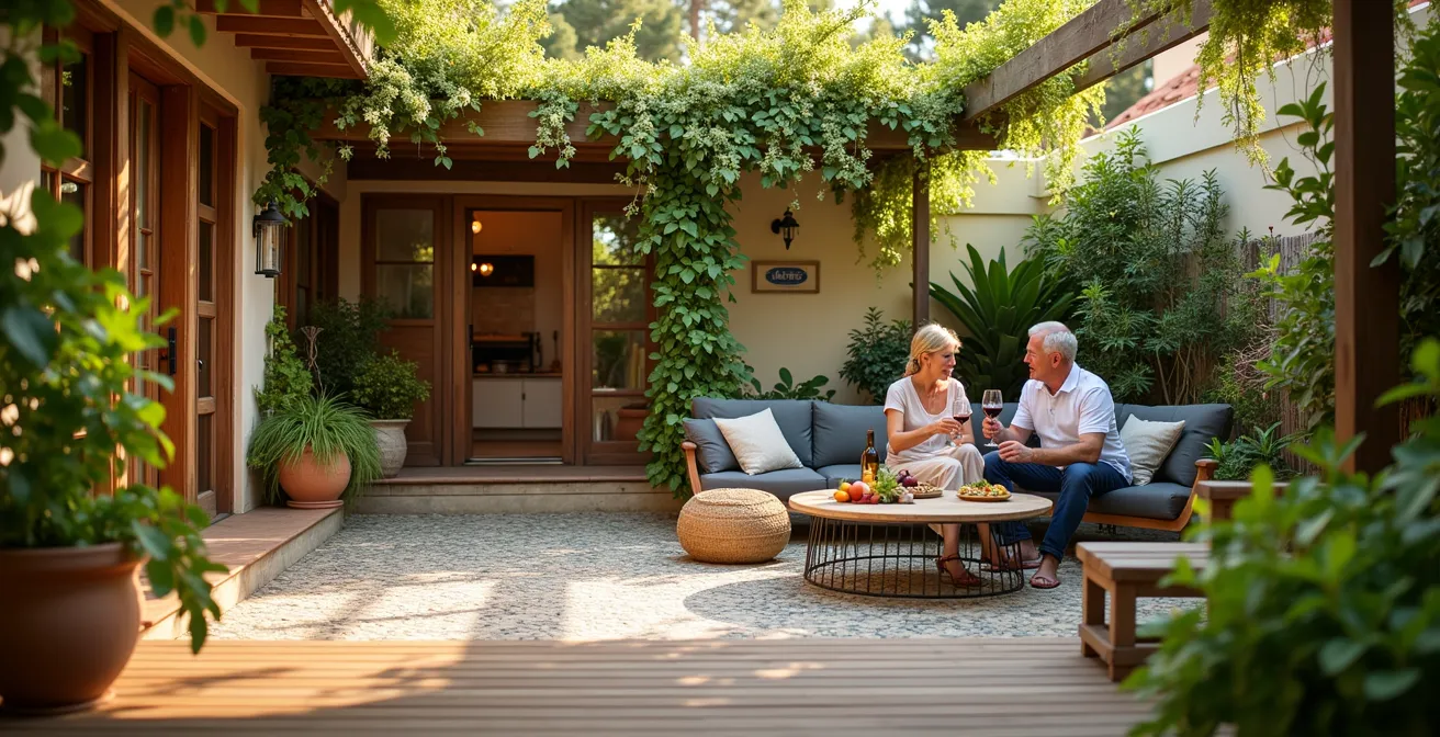 Jardín español de adosado con tres zonas diferenciadas mediante cambios de pavimento y vegetación vertical
