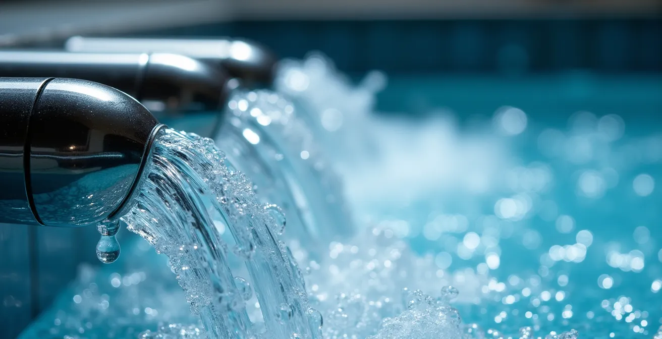 Detalle macro de jets de agua en funcionamiento mostrando burbujas y presión
