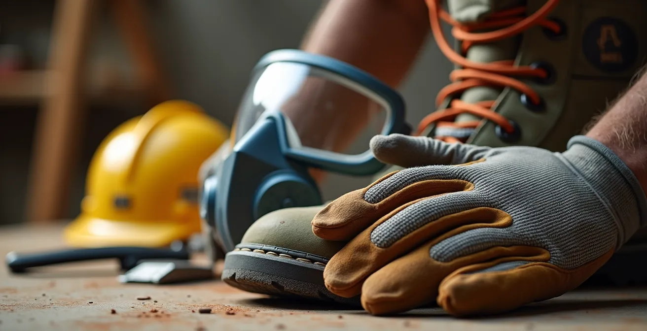 Kit completo de equipos de protección individual para reformas DIY dispuestos sobre superficie de trabajo
