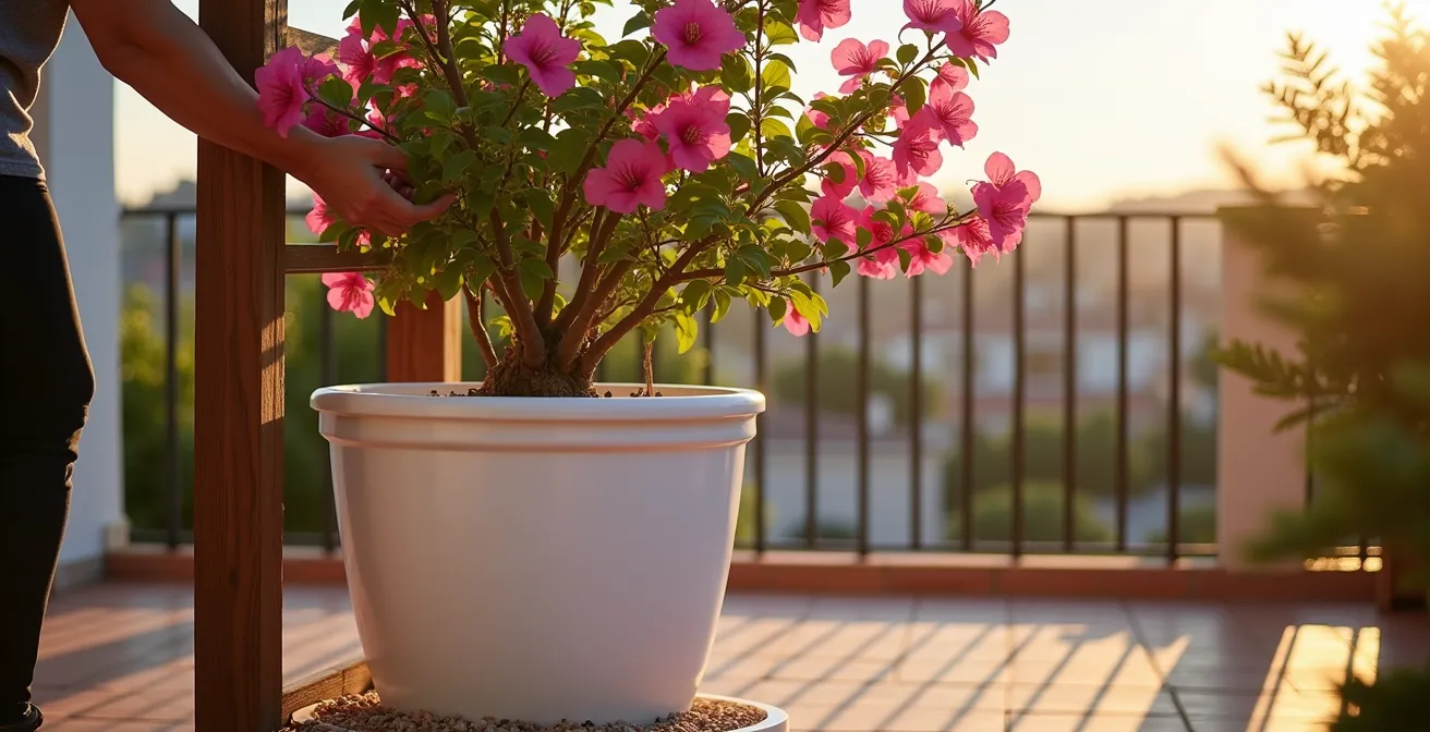 Maceta de resina blanca de gran tamaño con una buganvilla de 3 metros de altura en una terraza mediterránea soleada