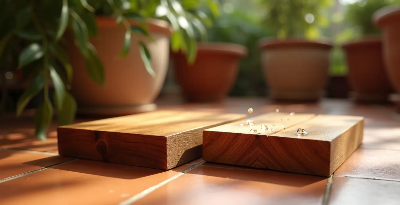 Comparación visual de secciones transversales de madera de teca y acacia mostrando diferencias en veteado y densidad