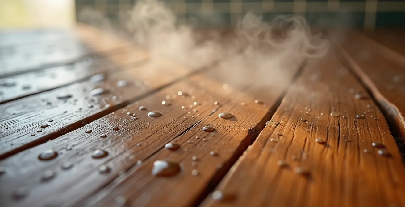 Detalle de madera natural tratada en ambiente de baño húmedo
