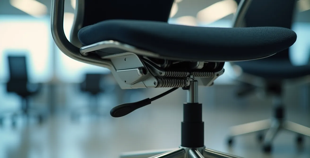 Detalle macro del mecanismo sincronizado de una silla de oficina ergonómica