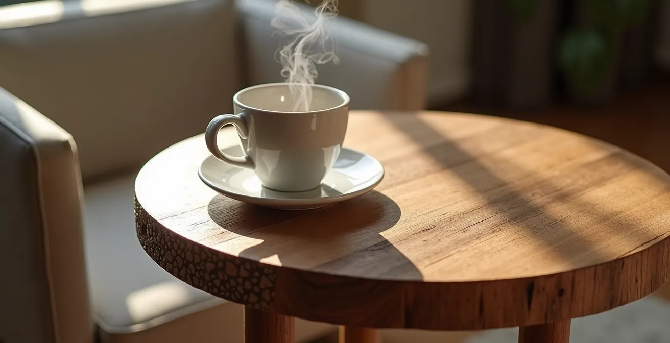 Mesa auxiliar en forma de C deslizada bajo el sillón de lectura a altura perfecta