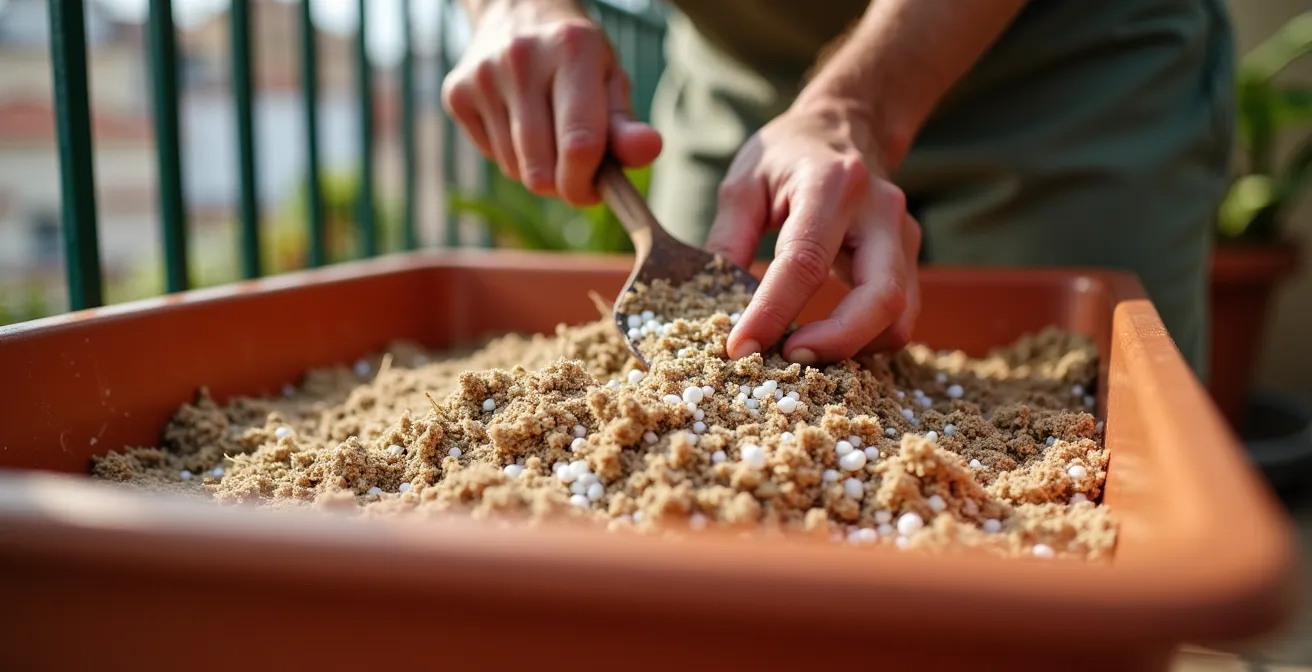 Proceso de mezclado de sustrato ligero con fibra de coco y perlita sobre mesa de cultivo