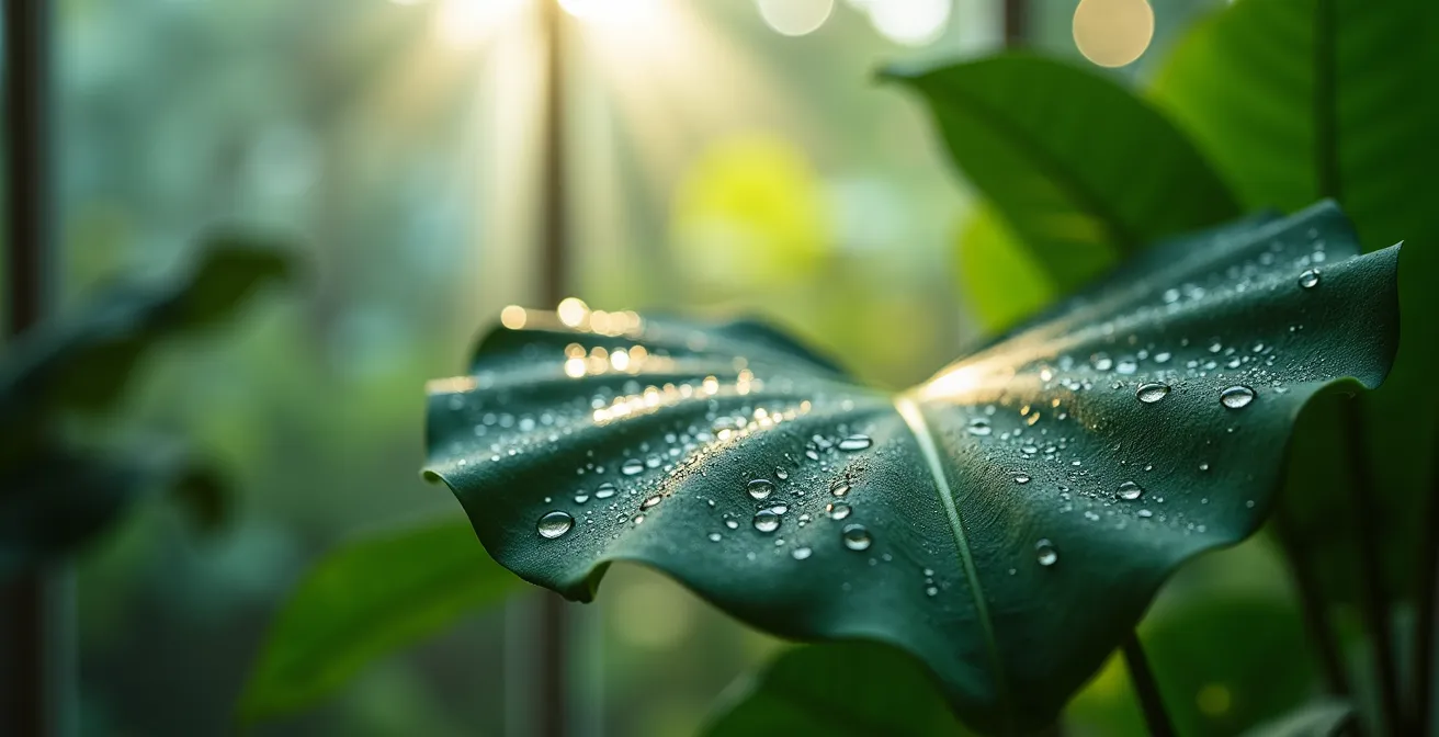 Plantas mediterráneas creando microclima fresco mediante evapotranspiración en galería acristalada