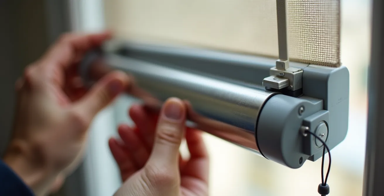 Detalle macro de motor tubular con batería siendo instalado en persiana española