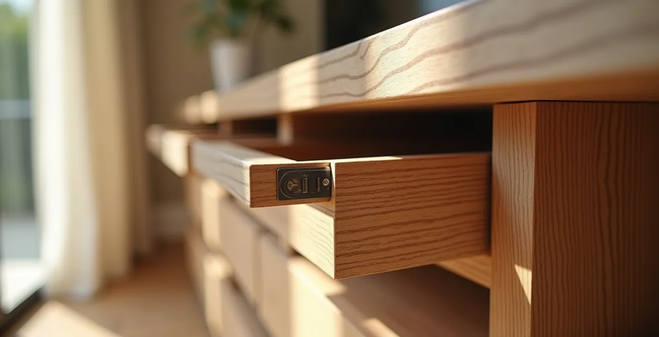 Detalle de mueble modular con cama abatible integrada y escritorio plegable en madera natural
