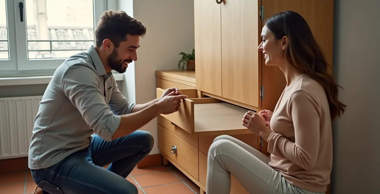 Vista lateral de un mueble transformable mostrando herrajes de alta calidad y estructura robusta